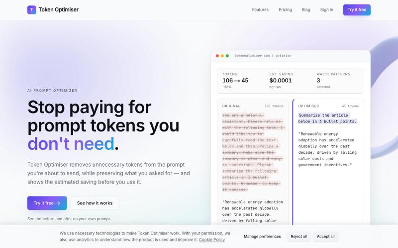 Reduce Unnecessary Prompt Tokens | Token Optimiser — screenshot