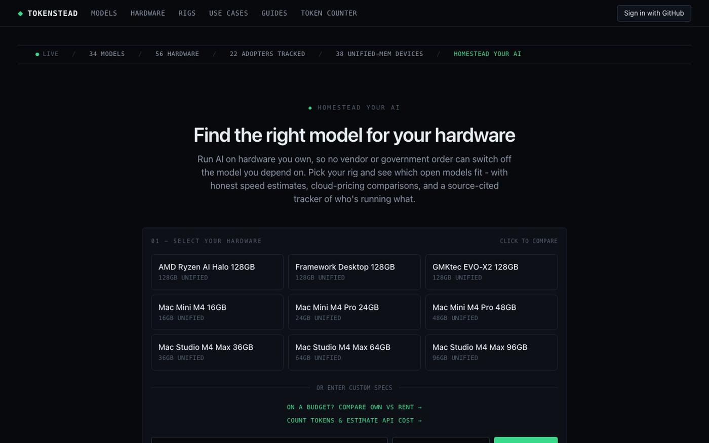 Tokenstead - Find AI Models for Your Hardware — screenshot