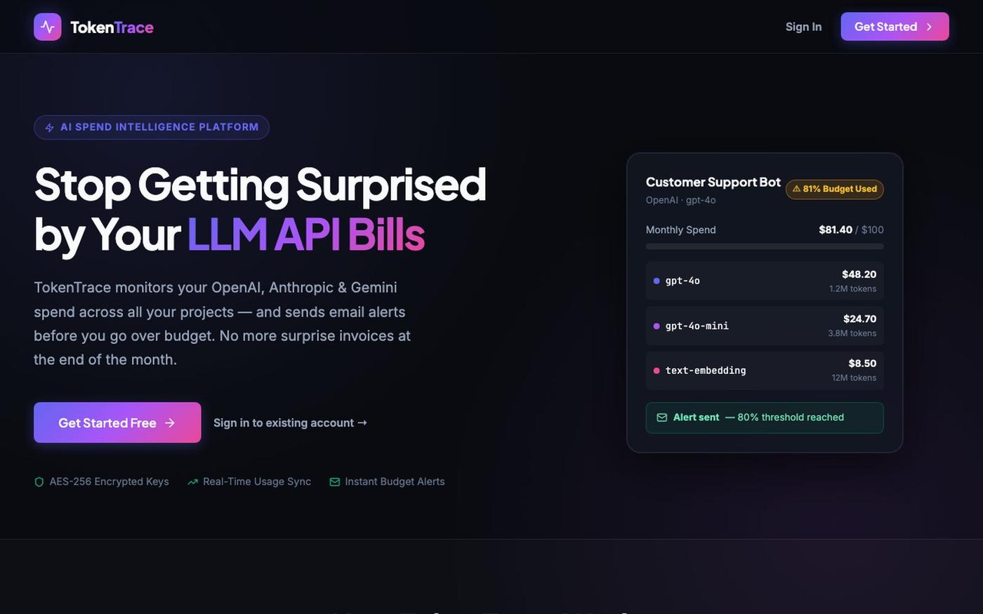 TokenTrace — LLM Spend & Budget Control — screenshot