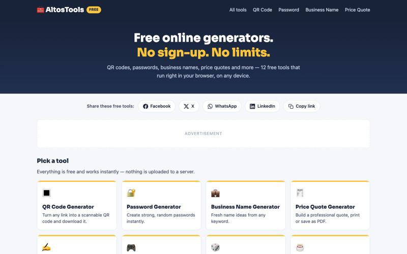 AltosTools — Free QR Code, Password, Business Name & Quote Generators — screenshot