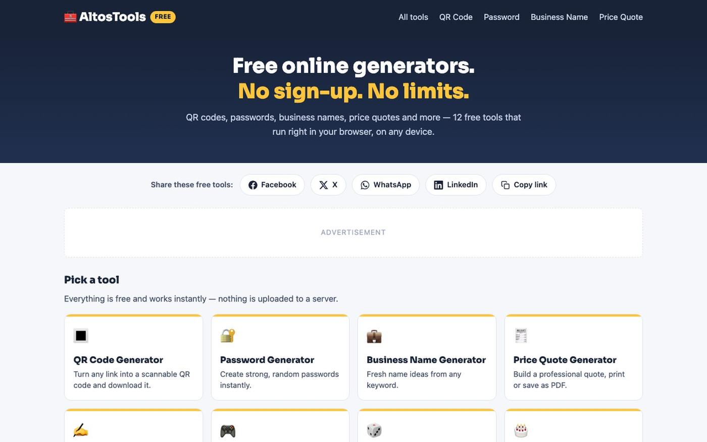 AltosTools — Free QR Code, Password, Business Name & Quote Generators — screenshot