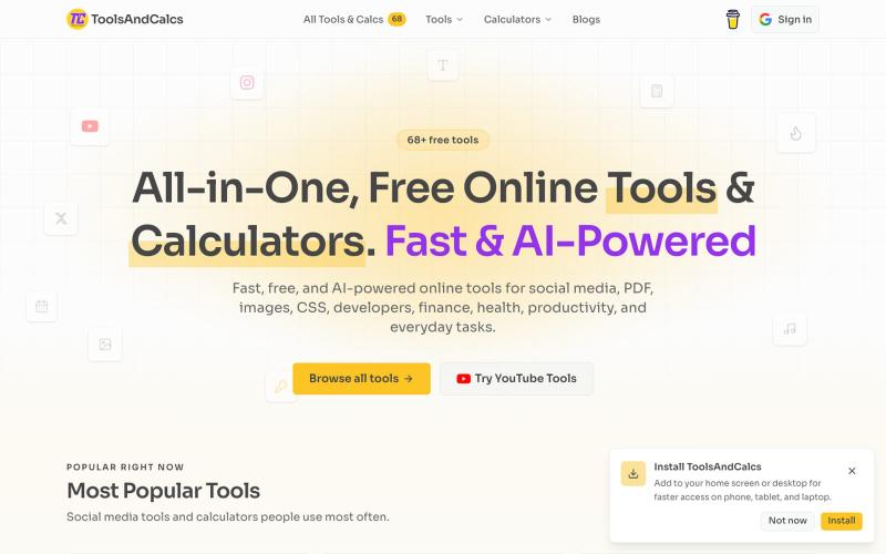 Free Online Tools & Calculators — Fast & AI-Powered | ToolsAndCalcs — screenshot