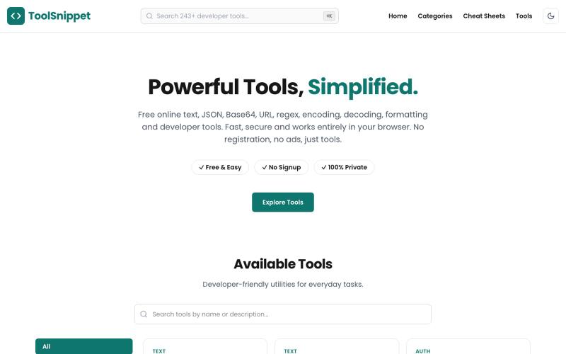Free Online Developer & Text Tools | ToolSnippet — screenshot