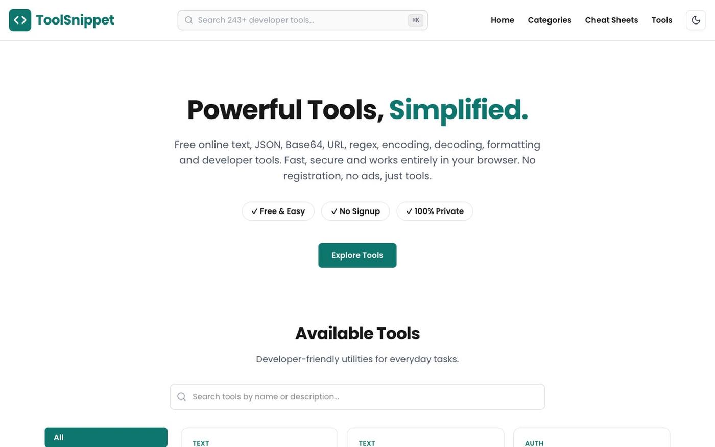 Free Online Developer & Text Tools | ToolSnippet — screenshot