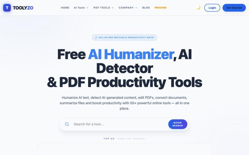 Toolyzo - Free AI Humanizer & PDF Productivity Hub — screenshot