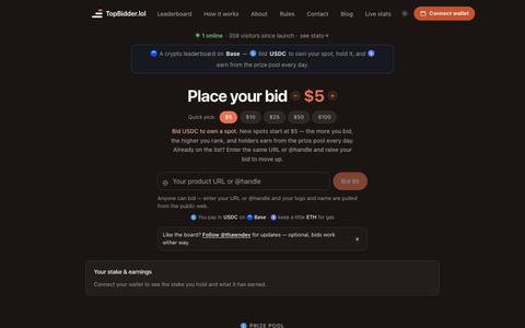 TopBidder.lol — the crypto leaderboard on Base — screenshot