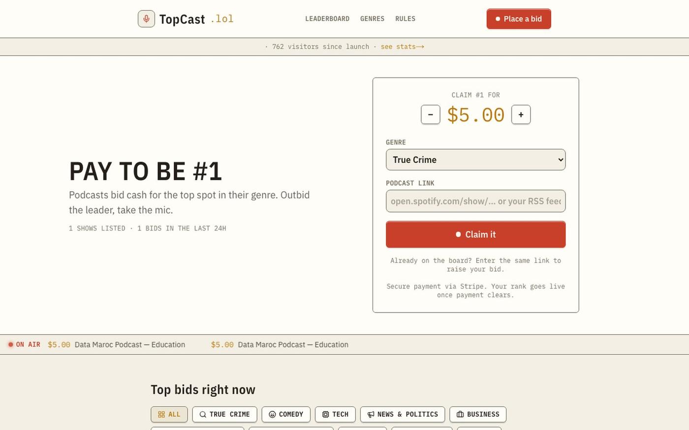 TopCast.lol — Pay to be #1 — screenshot