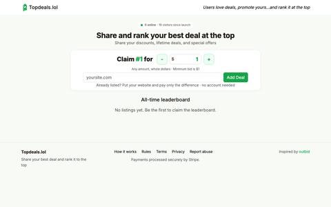 Topdeals.lol — paid public leaderboard for startup deals — screenshot