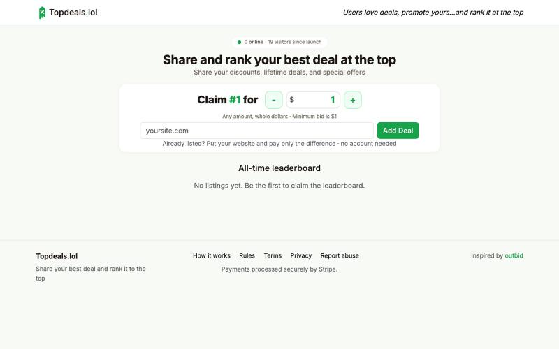 Topdeals.lol — paid public leaderboard for startup deals — screenshot