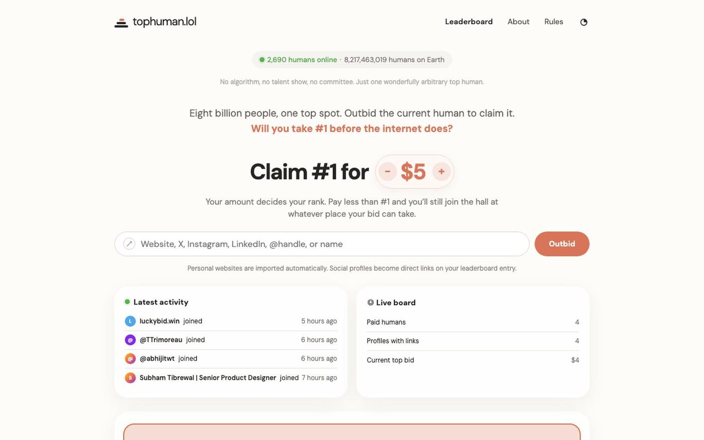 Top Human — Claim the Internet’s #1 Human Spot — screenshot