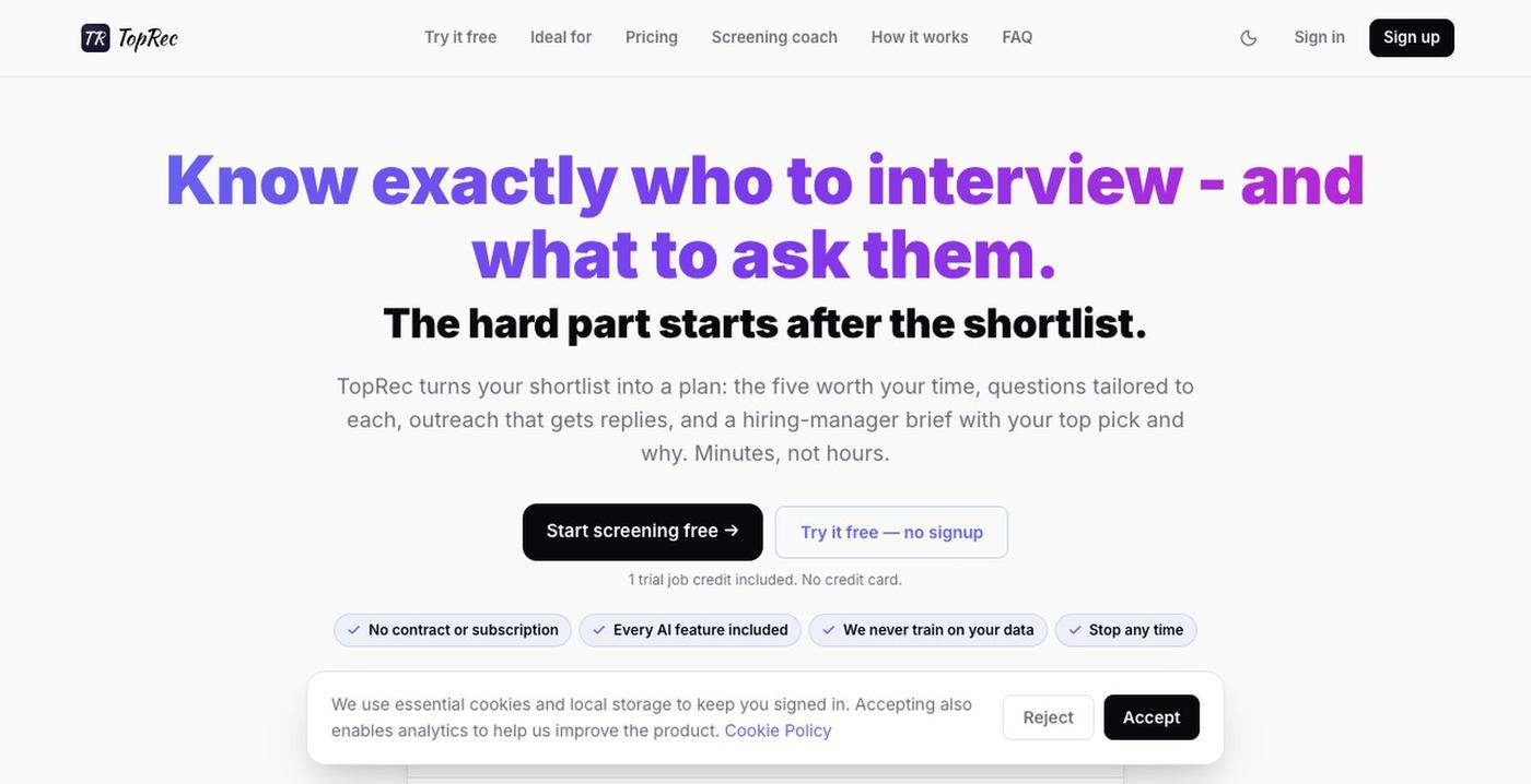 TopRec — AI Ranking + Self-Building Recruiter CRM — screenshot