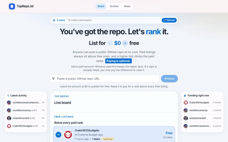 TopRepo.lol — The internet's most competitive GitHub board. — screenshot