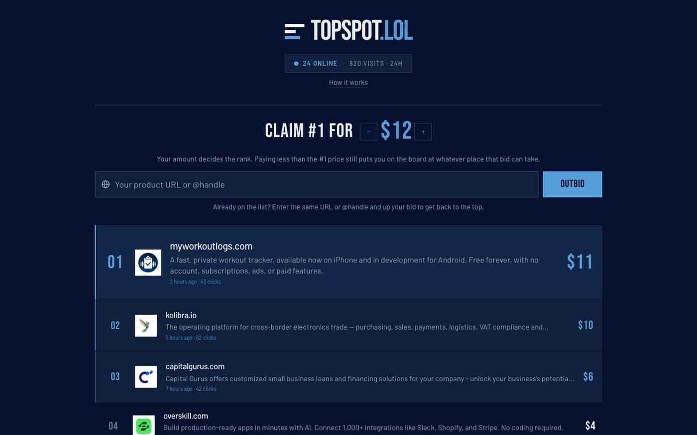 Topspot.lol — how much is the top spot worth to you? — screenshot