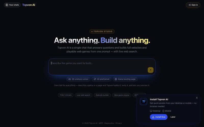 Topvon AI — AI Code & GDD for Unity, Godot, Unreal — screenshot