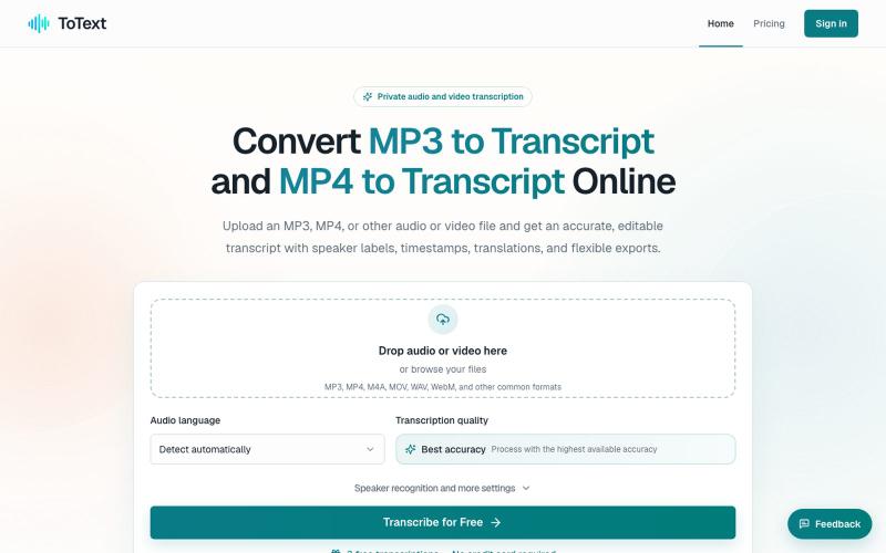 MP3 to Transcript & MP4 to Transcript Online | totext.app — screenshot