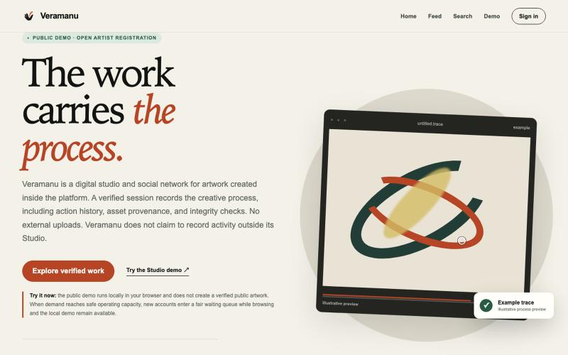 Veramanu — the work carries its process — screenshot