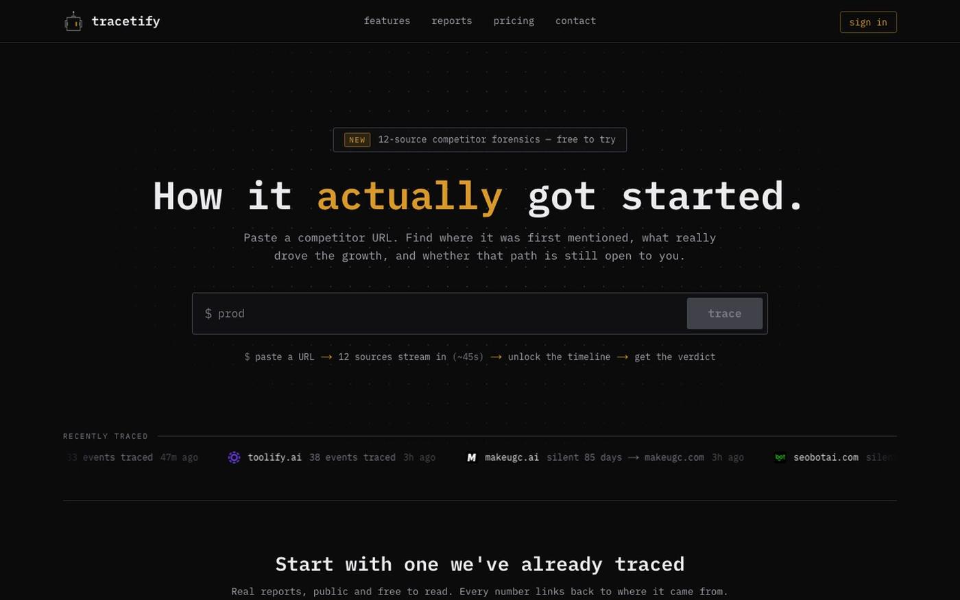 Tracetify — Trace how any competitor actually got started — screenshot