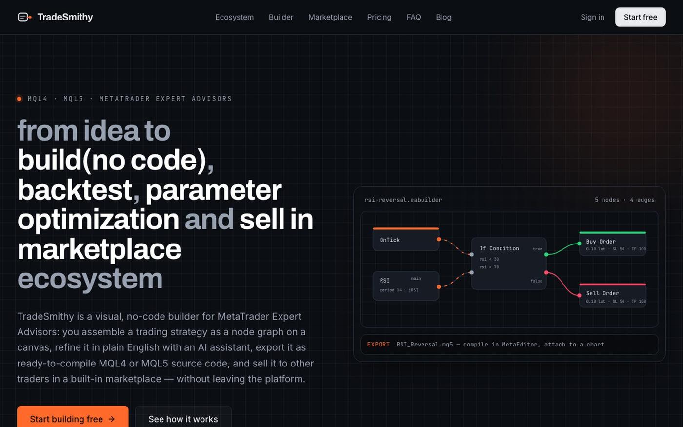 TradeSmithy — No-code Expert Advisor builder for MetaTrader 4 and MetaTrader 5 — screenshot