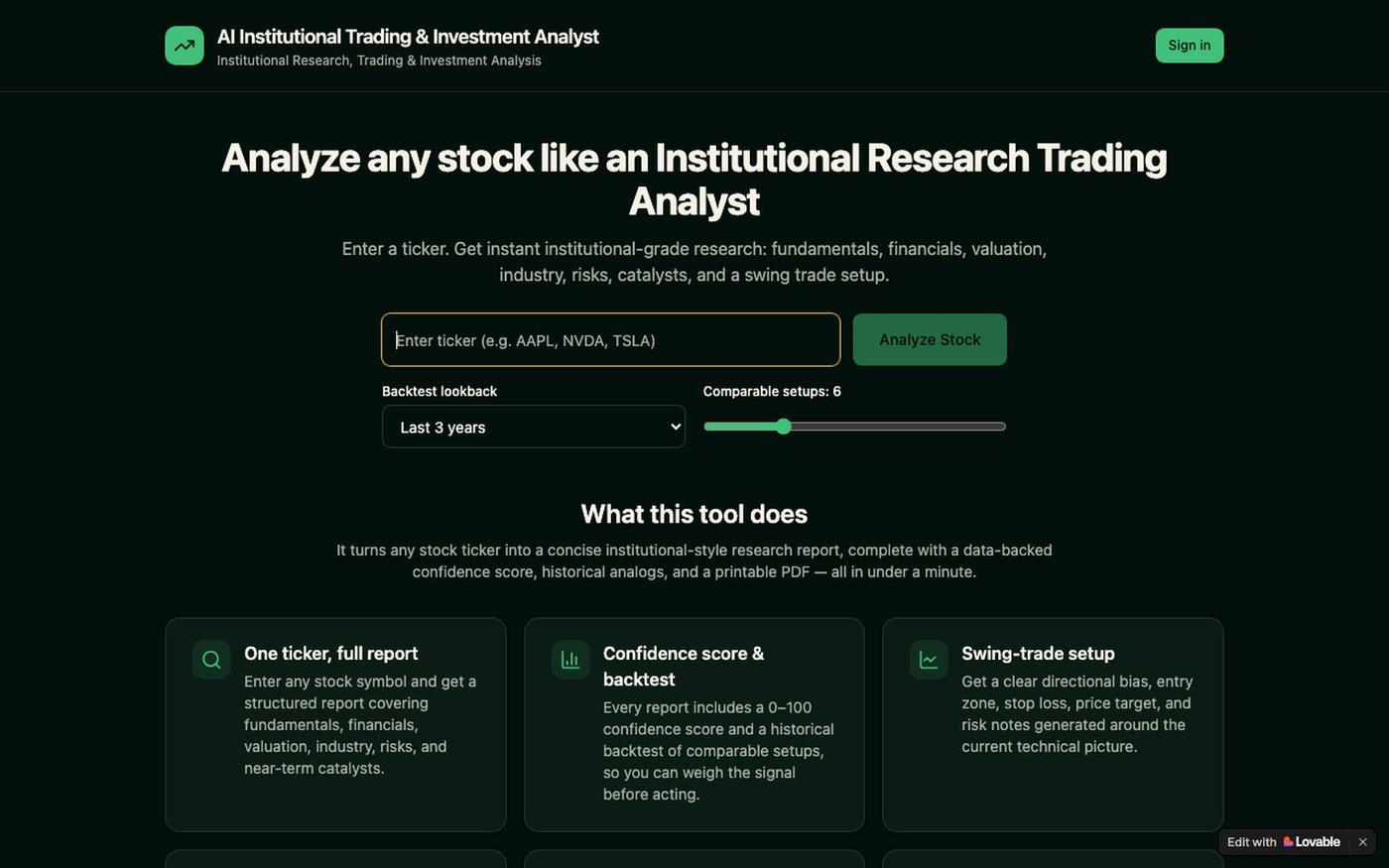 AI Institutional Trading & Investment Analyst – Instant Stock Research & Swing T — screenshot