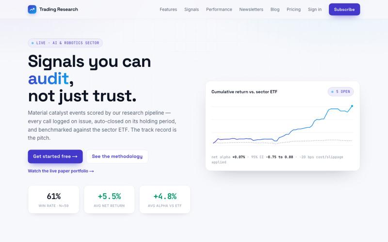 Trading Research — Auditable AI & Robotics Signals — screenshot