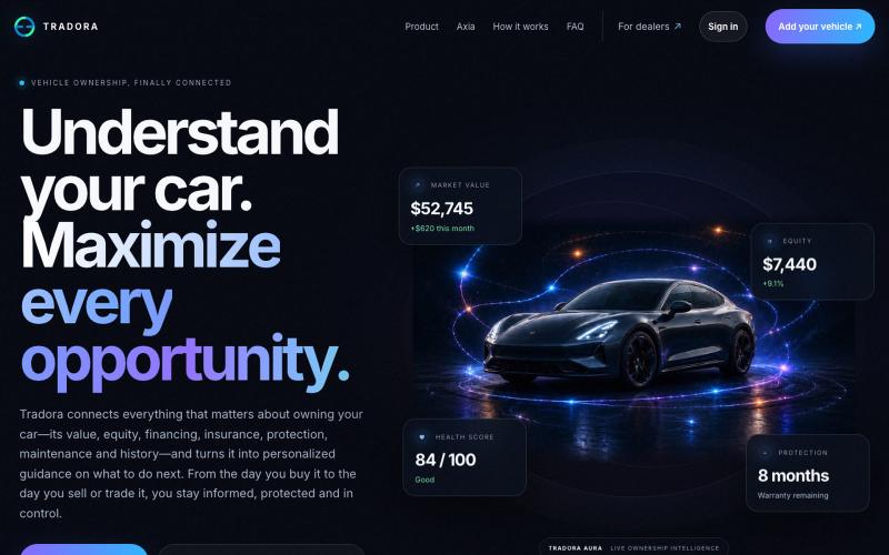 Tradora | Vehicle Ownership. Finally Connected. — screenshot