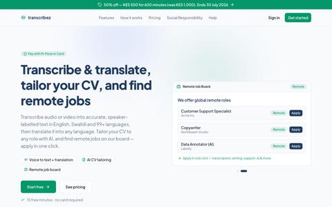 transcribez — Transcribe, translate & tailor your CV — screenshot