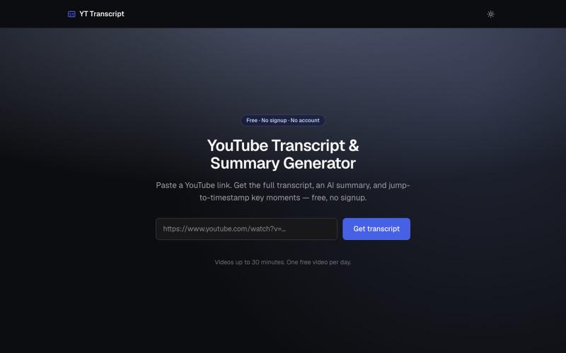 Free YouTube Transcript & Summary Generator | No Signup — screenshot