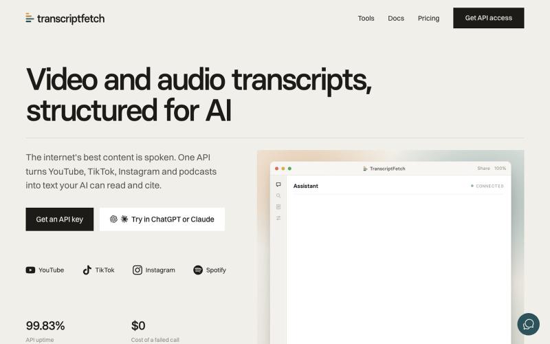 TranscriptFetch: Social Video & Audio to text API for builders — screenshot