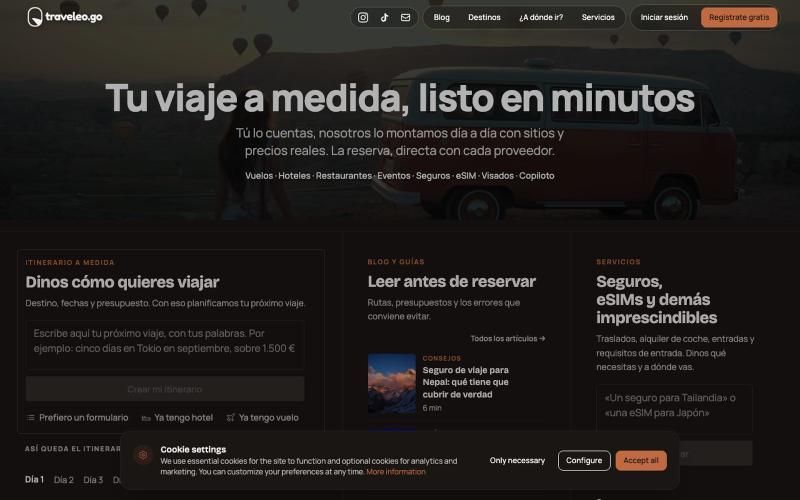 traveleo.go — Tu próximo viaje, planificado en minutos — screenshot