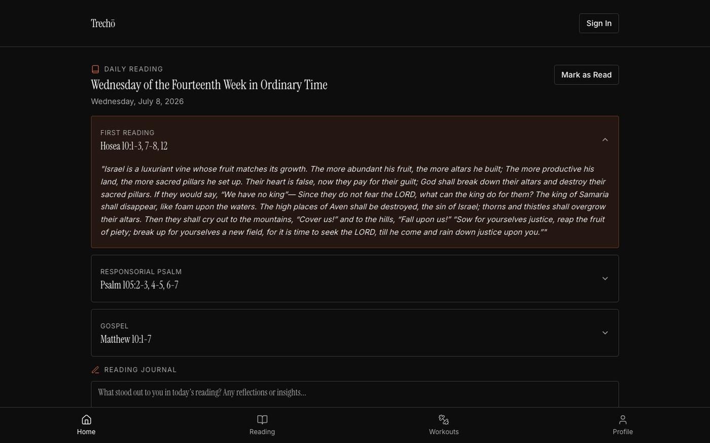 Trechō - Daily Bible Reading & Workout Tracker — screenshot