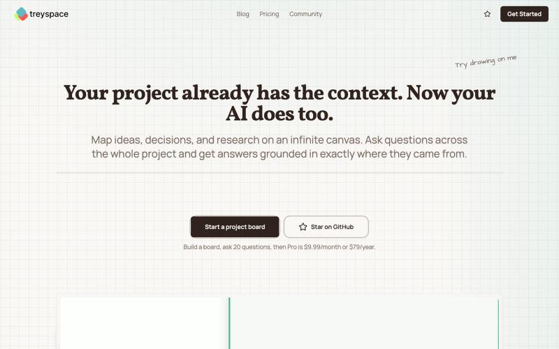 Treyspace | Your project already has the context. Now your AI does too. — screenshot