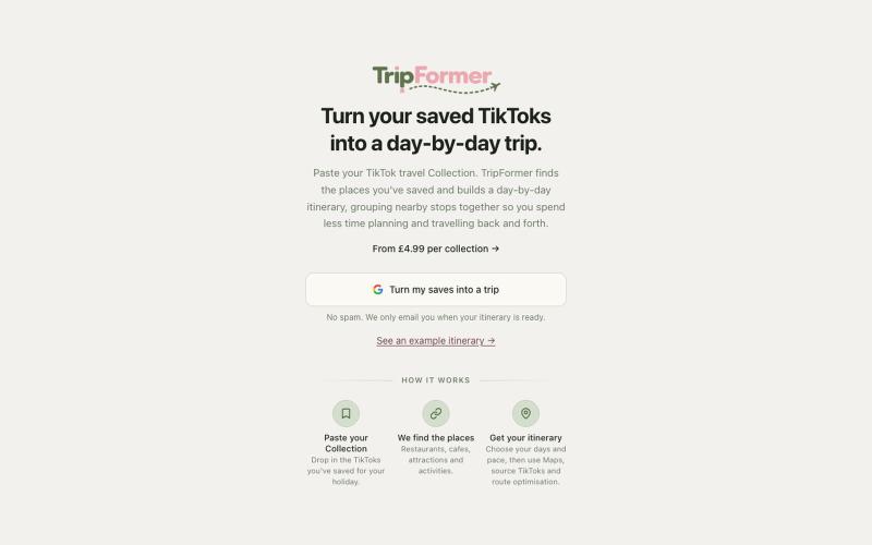 Tripformer: Turn saved TikToks into a day-by-day trip — screenshot