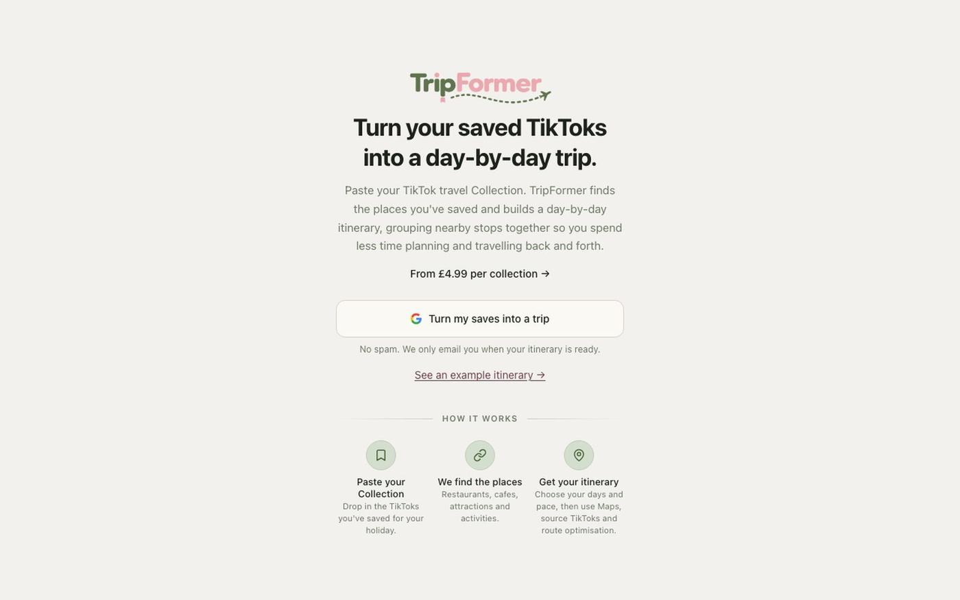 Tripformer: Turn saved TikToks into a day-by-day trip — screenshot