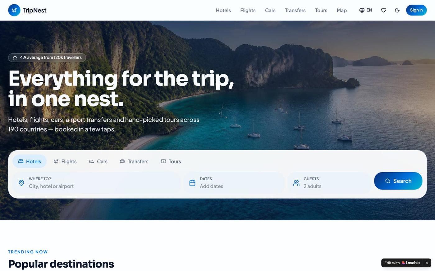 TripNest — Hotels, Flights, Cars & Transfers in One Place — screenshot