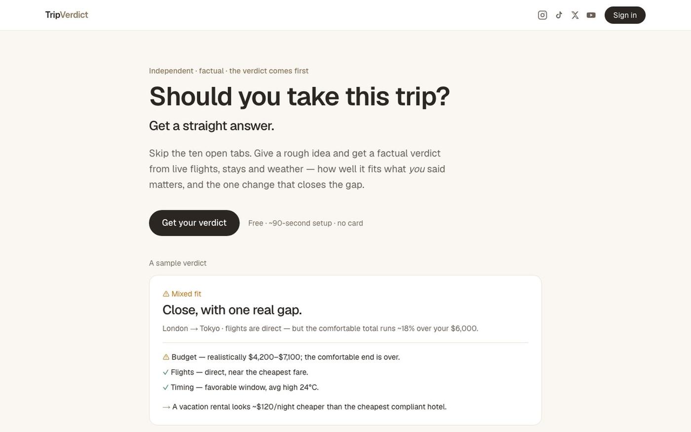 TripVerdict — Know exactly what would make your trip work — screenshot