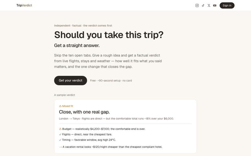 TripVerdict — Know exactly what would make your trip work — screenshot