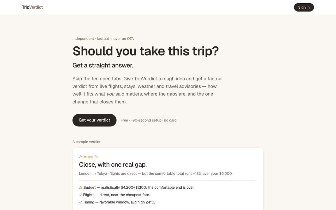 TripVerdict — Know exactly what would make your trip work — screenshot