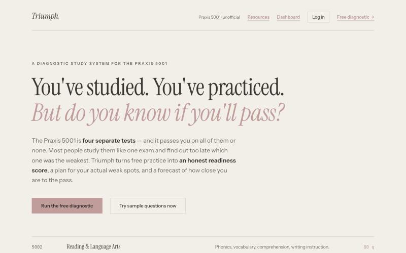 Triumph — Free Praxis 5001 Readiness Diagnostic for Teacher Candidates — screenshot