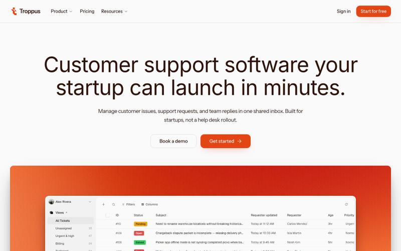 Customer Support Software for Startups · Troppus — screenshot
