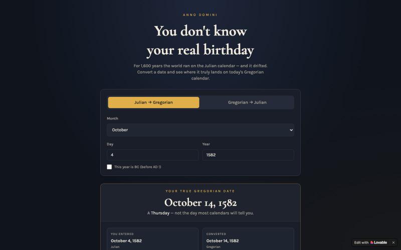 True Birth Date — Julian to Gregorian Converter — screenshot