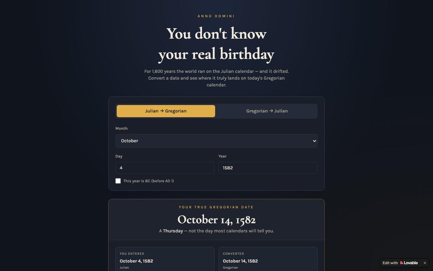 True Birth Date — Julian to Gregorian Converter — screenshot