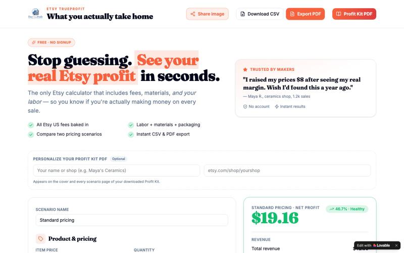 Etsy Fee Calculator — Real Net Profit After Fees, Labor & Ads — screenshot