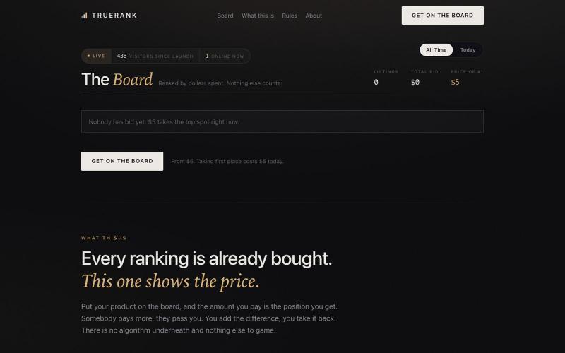 TRUERANK · The leaderboard where the only ranking signal is money. — screenshot