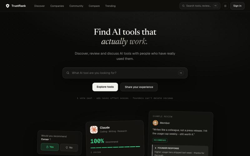 TrustRank: find AI tools that actually work — screenshot