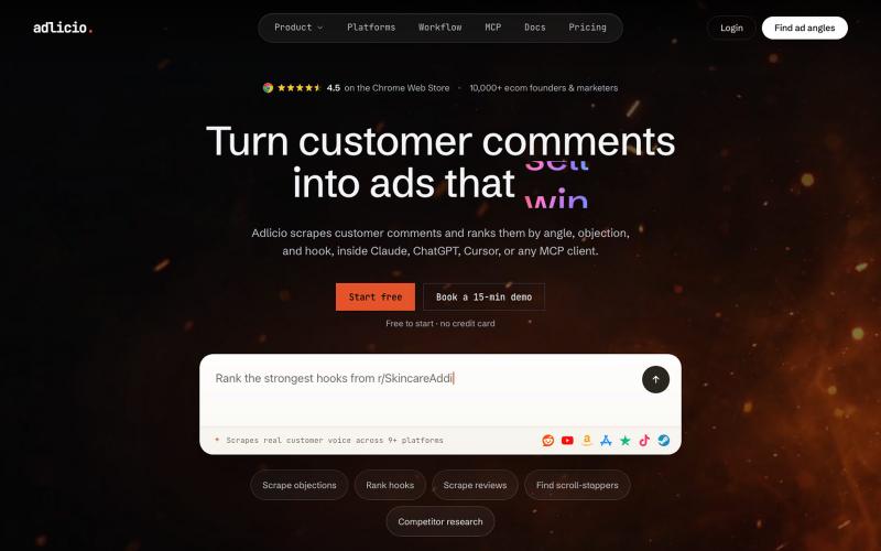 Adlicio: Ad angles & hooks from real customer comments — screenshot
