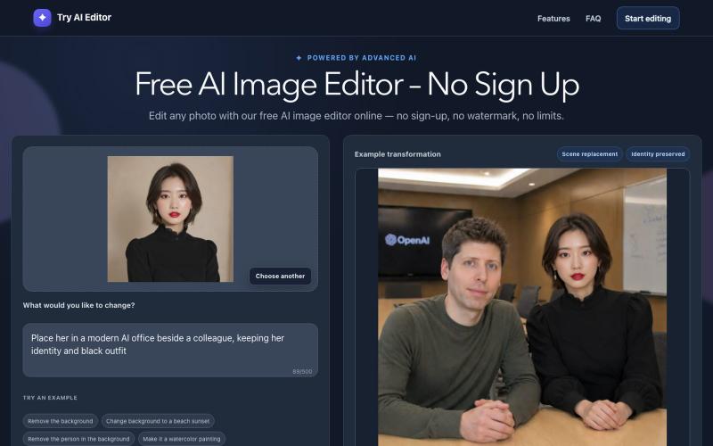 Free AI Image Editor Online – No Sign Up | Try AI Editor — screenshot