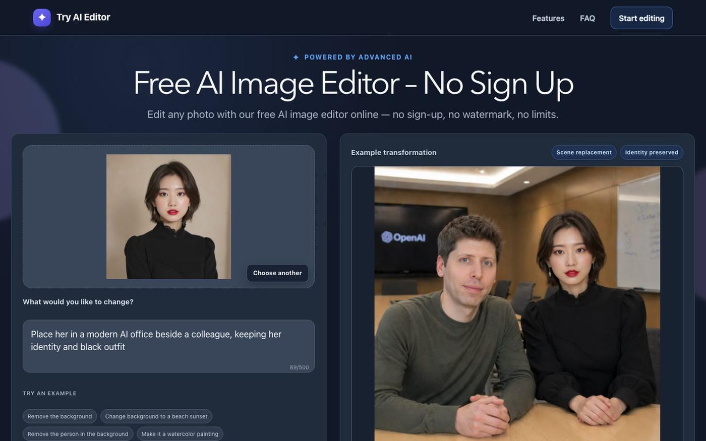 Free AI Image Editor Online – No Sign Up | Try AI Editor — screenshot