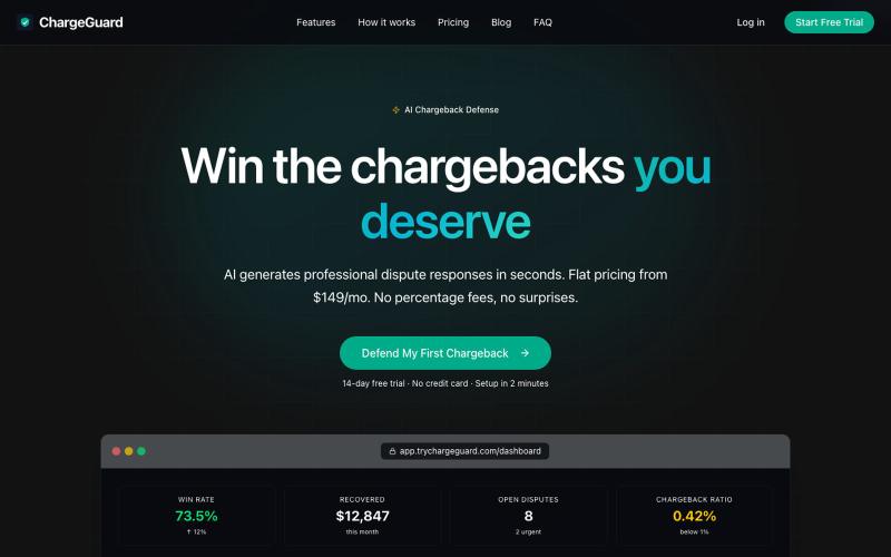 ChargeGuard - AI-Powered Chargeback Defense | Flat Pricing from $149/mo — screenshot