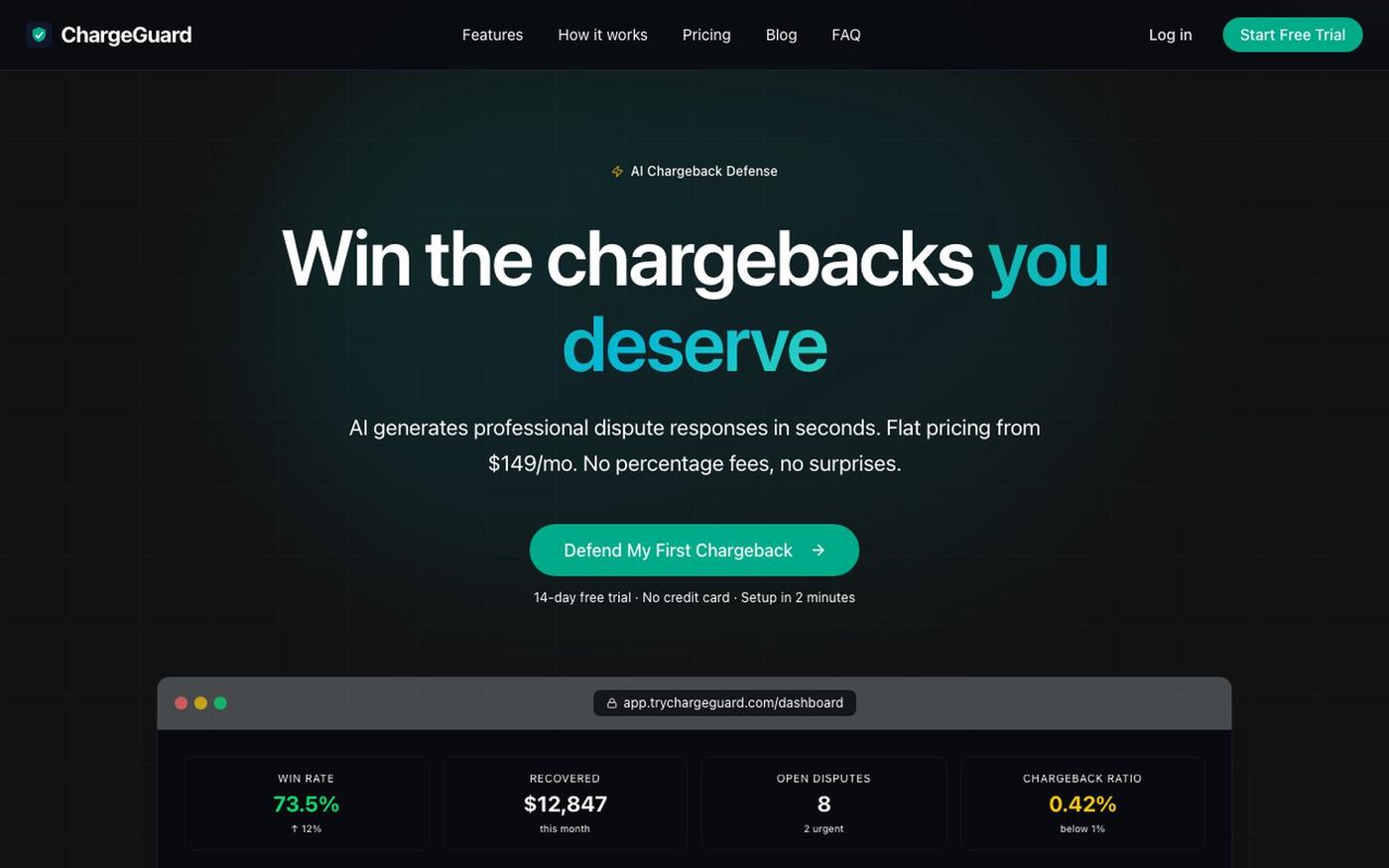 ChargeGuard - AI-Powered Chargeback Defense | Flat Pricing from $149/mo — screenshot