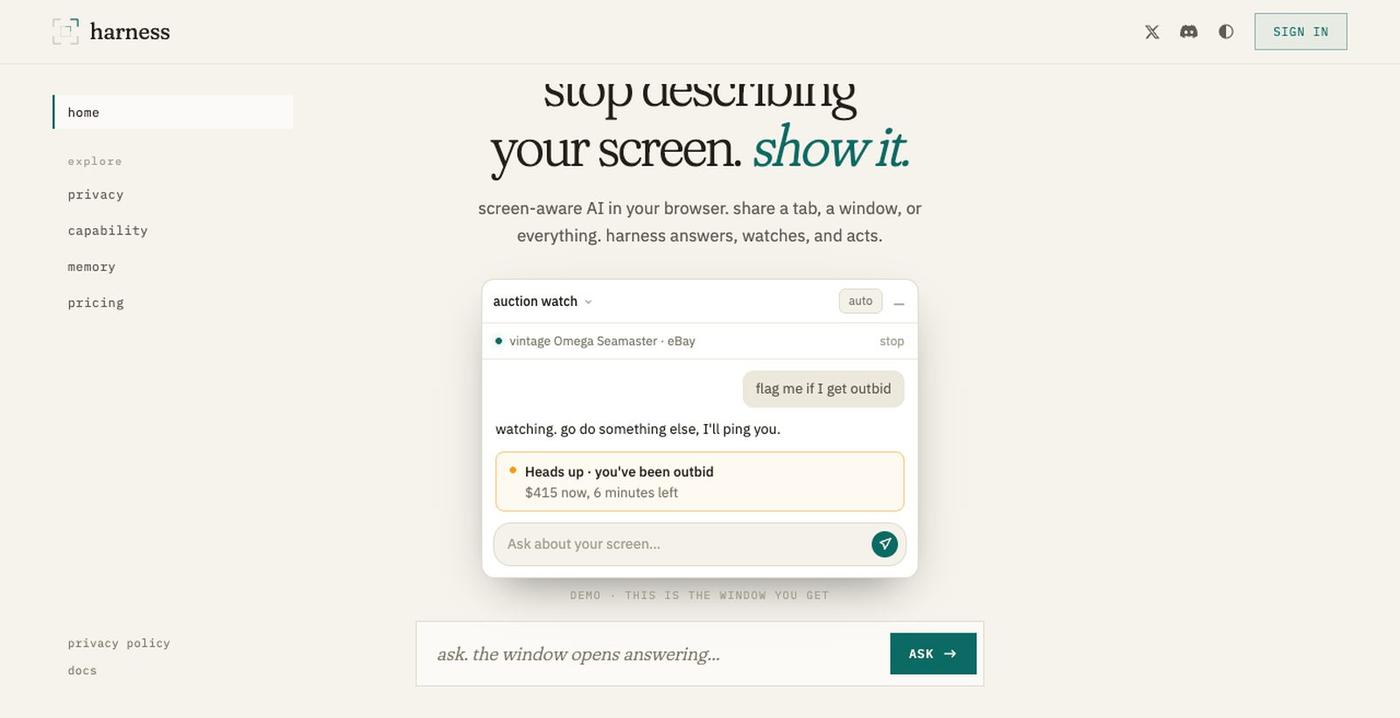 harness · screen-aware AI in your browser — screenshot